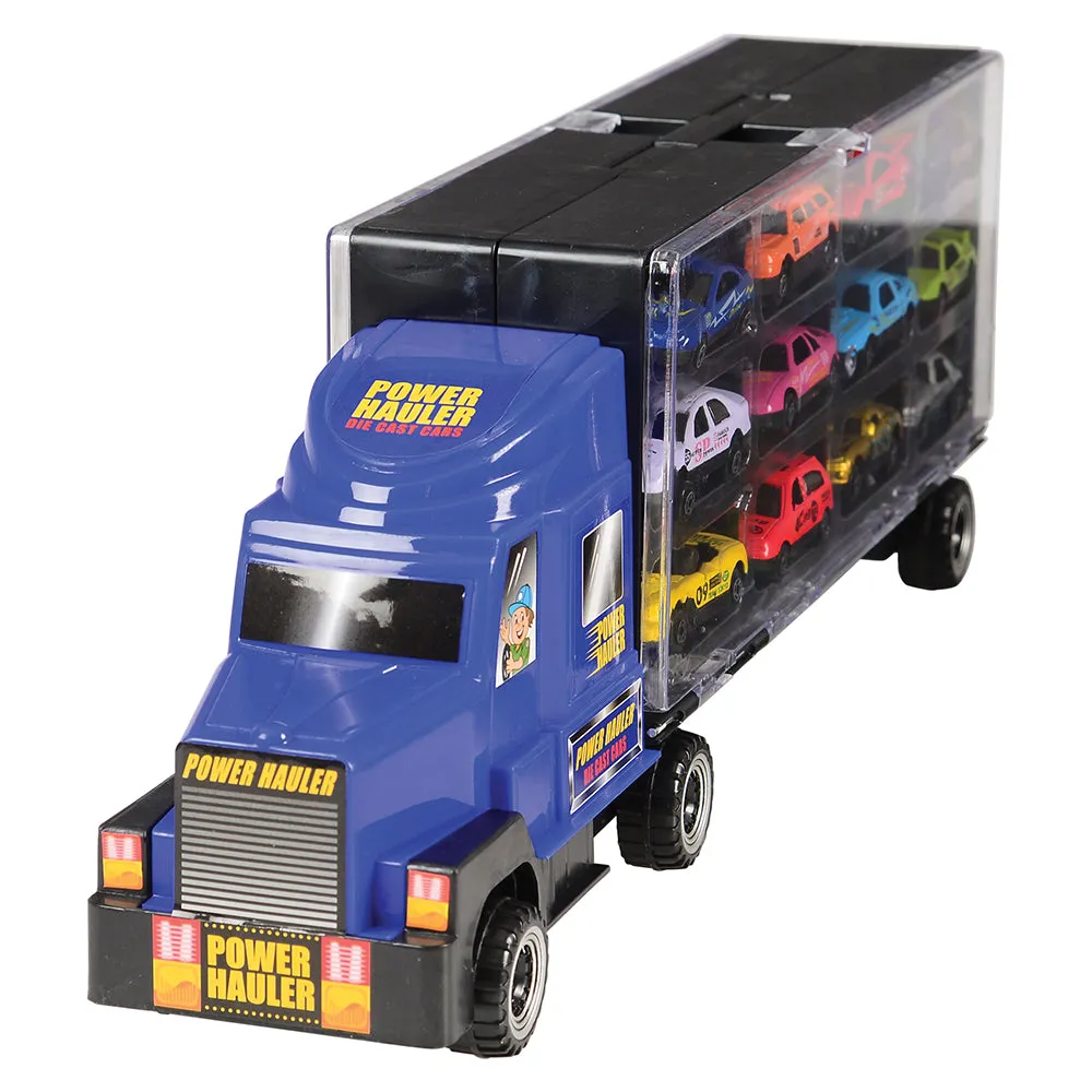 6-Wheel Transport Car Carrier with 12 Die-Cast Vehicles | Easy-Grip Handle & 24 Car Slots