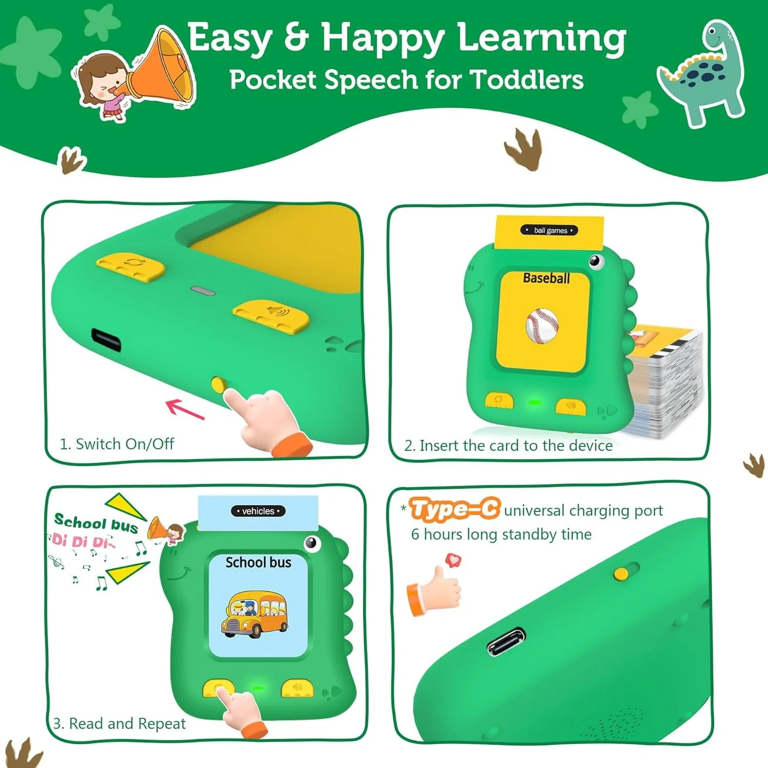Adofi Ad-TFC-Dino-GR Talking Flash Cards Learning Toys for 2 3 4 5 6 Years Old