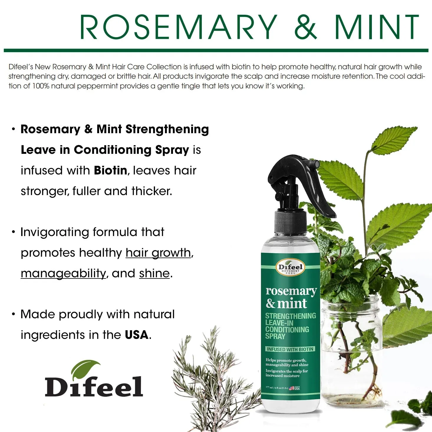 Difeel Rosemary and Mint Biotin Strengthening Leave-In Conditioning Spray with Biotin - 6 oz