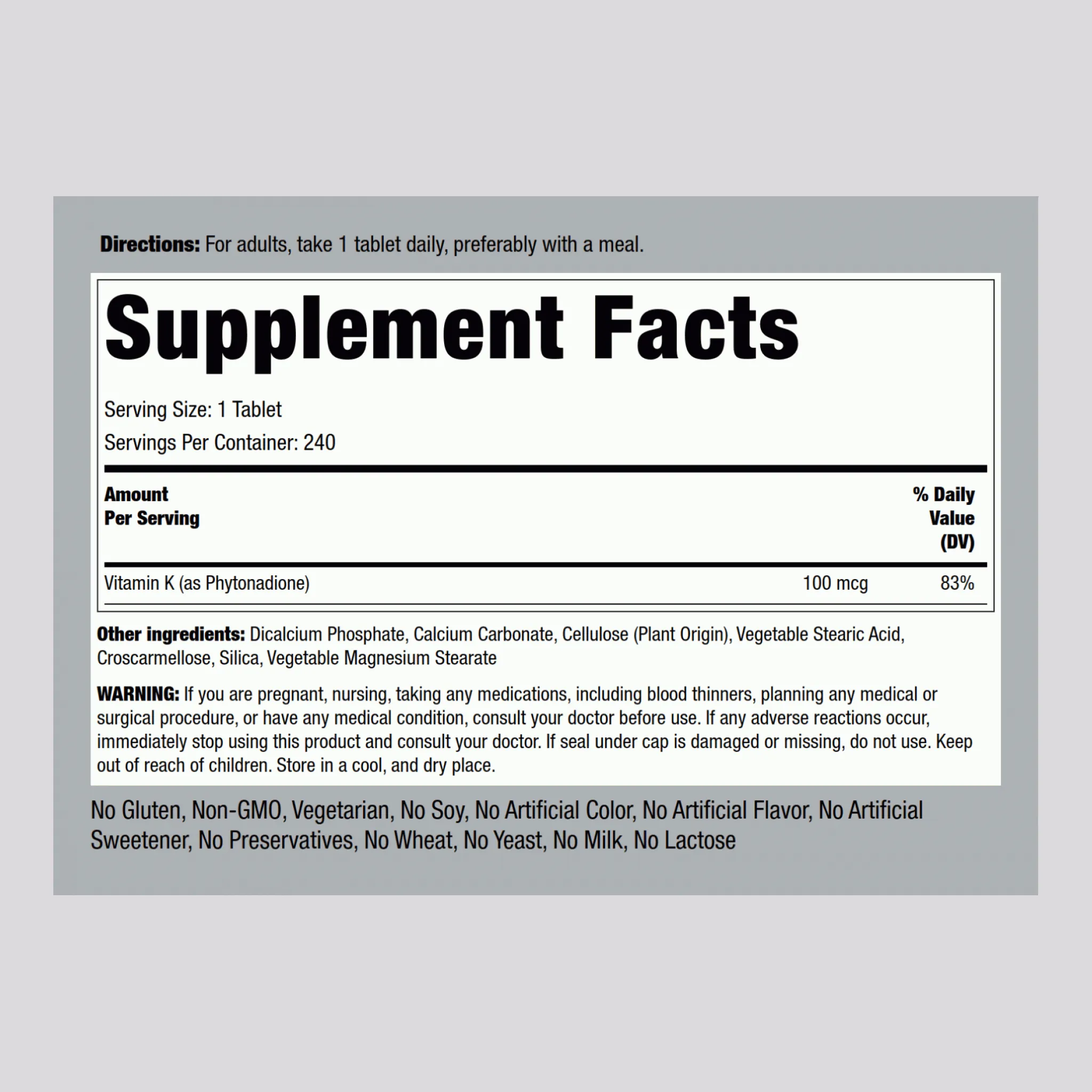Vitamin K, 100 mcg, 240 Tablets, 2  Bottles